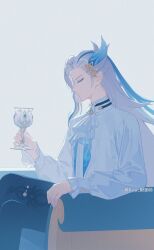 Rule 34 | 1boy, armchair, artist name, ascot, asymmetrical bangs, black pants, blue eyeliner, blue gemstone, blue hair, brooch, chair, chalice, closed eyes, closed mouth, crossed legs, cup, expressionless, eyeliner, frilled sleeves, frills, gem, genshin impact, grey background, hair ornament, hand up, highres, holding, holding cup, jewelry, long hair, long sleeves, makeup, male focus, multicolored hair, neuvillette (genshin impact), on chair, pants, parted bangs, pointy ears, profile, puffy long sleeves, puffy sleeves, rj (lingshih10), shirt, simple background, sitting, solo, streaked hair, twitter username, white ascot, white hair, white shirt