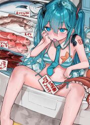 1girl absurdres aqua_bikini aqua_eyes aqua_hair aqua_nails aqua_necktie arm_tattoo bikini blush breasts commentary_request detached_collar fish fish_hair_ornament hair_between_eyes hair_ornament hand_on_own_cheek hand_on_own_face hatsune_miku highres horizontal-striped_clothes ice ice_cube long_hair looking_at_viewer medium_breasts microa nail_polish navel necktie number_tattoo octopus price_tag sitting solo starfish striped_bikini striped_clothes sweat swimsuit tattoo tentacles tongue tongue_out twintails very_long_hair vocaloid