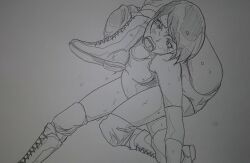 2girls artist_request catfight greyscale monochrome multiple_girls sketch sketchbook tagme wrestling wrestling_outfit