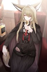 1girl absurdres animal_ears arknights black_coat black_jacket black_skirt blazer blonde_hair breasts closed_eyes coat coat_on_shoulders cup drinking fox_ears fox_girl fox_tail hair_between_eyes hand_up highres hip_focus holding holding_cup indoors jacket medium_breasts samip shirt sitting skirt solo tail vulpisfoglia_(arknights) white_shirt