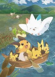 &gt;_&lt; :d blue_sky boat cloud creatures_(company) day evolutionary_line full_body game_freak gen_1_pokemon gen_2_pokemon gen_3_pokemon gen_4_pokemon hill konanbo leafeon lotad mudkip nintendo no_humans oar open_mouth outdoors pichu pikachu pokemon pokemon_(creature) raichu reeds river sky smile starly togekiss water watercraft wooper xd
