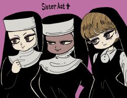 3girls blonde_hair closed_mouth collar commentary_request copyright_name dark-skinned_male dark_skin deloris_wilson eyelashes hands_on_own_hips highres looking_ahead multiple_girls nun purple_background shiuriri simple_background sister_act sister_mary_patrick sister_mary_robert smile upper_body