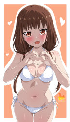 1girl bare_shoulders bikini blush breasts brown_eyes brown_hair heart heart_hands highres iino_miko kaguya-sama_wa_kokurasetai_~tensai-tachi_no_renai_zunousen~ long_hair looking_at_viewer low_twintails medium_breasts metaminegl navel open_mouth orange_background side-tie_bikini_bottom smile solo spanish_commentary swimsuit twintails two-tone_background white_background white_bikini