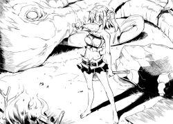 10mo 1girl ahoge axe barbarian bare_arms bare_legs bare_shoulders barefoot belt blood bone campfire commentary death dirt empty_eyes fate/grand_order fate_(series) fire food fujimaru_ritsuka_(female) grass greyscale hair_between_eyes learning_with_manga!_fgo mammoth meat miniskirt monochrome navel ponytail prehistoric prehistoric_animal roasting rock short_hair side_ponytail skirt sleeveless solo_focus stick strapless time_travel toes torn_clothes tube_top tusks weapon