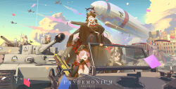 6+girls absurdres aircraft airplane armband black_hair black_halo black_horns black_pantyhose black_tail black_wings blonde_hair blue_archive bra breasts building car chiaki_(blue_archive) cloud coat coat_on_shoulders curved_horns day demon_girl demon_horns demon_tail demon_wings dirigible fluffy_hair gehenna_academy_logo gradient_horns grey_hair hair_over_one_eye halo hat highres horns ibuki_(blue_archive) iroha_(blue_archive) long_hair long_sleeves low_wings makoto_(blue_archive) mannaru military_vehicle mole mole_on_breast motor_vehicle multicolored_horns multiple_girls multiple_horns necktie on_tank open_mouth outdoors pandemonium_society_(blue_archive) pandemonium_society_member_(blue_archive) pantyhose peaked_cap pointy_ears purple_halo red_armband red_bra red_halo red_horns red_necktie satsuki_(blue_archive) smile statue sunglasses tail tank tiger_i two-tone_horns underwear very_long_hair wings yellow_eyes yellow_halo