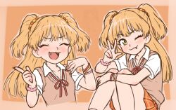 1girl :3 beachepisode blonde_hair blush bracelet brown_sweater_vest closed_mouth collarbone collared_shirt fang fang_out fangs green_eyes hair_bobbles hair_ornament highres idolmaster idolmaster_cinderella_girls jewelry jougasaki_rika long_hair looking_at_viewer one_eye_closed open_mouth orange_nails orange_skirt pleated_skirt shirt short_sleeves sketch skirt smile solo sweater_vest v white_shirt