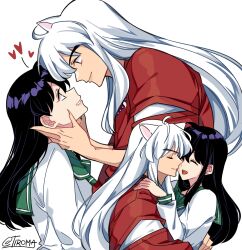 1boy 1girl absurdres animal_ears bead_necklace beads black_hair closed_eyes closed_mouth couple dog_boy dog_ears fingernails green_sailor_collar hair_between_eyes hand_on_another&#039;s_neck hetero highres higurashi_kagome hug inuyasha inuyasha_(character) japanese_clothes jewelry long_hair long_sleeves looking_at_another necklace parted_lips red_shirt sailor_collar school_uniform sharp_fingernails shirt sidelocks smile tiroma tooth_necklace twitter_username upper_body white_background white_hair white_shirt