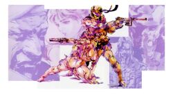 Rule 34 | 2girls, 3boys, absurdres, aiming, bandana, desert eagle, flipped hair, gangsta hold, gun, h&amp;k mark 23, hand on ground, handgun, headband, highres, liquid snake, looking to the side, mei ling, meryl silverburgh, metal gear (series), metal gear solid, multiple boys, multiple girls, official art, on one knee, red hair, roy campbell, shinkawa youji, solid snake, standing, weapon
