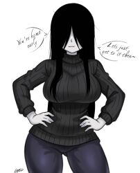 1girl alternate_costume black_hair breasts english_text graphicthereal hair_over_eyes hands_on_own_hips highres large_breasts legs pants smile sweater the_ring thighs yamamura_sadako