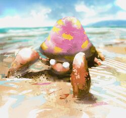 absurdres beach blank_eyes blue_sky bug cloud cloudy_sky gen_1_pokemon highres klemt_mandra looking_at_viewer mushroom nintendo no_humans parasect pokemon pokemon_(creature) pokemon_focus sand sky solo water