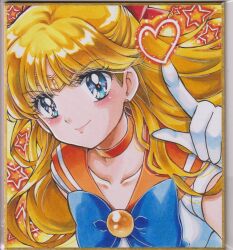 1girl aino_minako bishoujo_senshi_sailor_moon blonde_hair blue_bow blue_bowtie blue_eyes blush bow bowtie brooch choker collarbone earrings gem hair_bow heart highres jewelry long_hair orange_choker orange_gemstone orange_sailor_collar red_bow sailor_collar sailor_venus smile solo star_(symbol) stud_earrings user_kztc4472