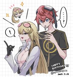 ! ... 1boy 1girl ? adjusting_another&#039;s_hair aiba_takumi black_gloves black_scarf black_shirt blonde_hair blue_eyes breasts cleavage dated digimon digimon_story:_cyber_sleuth eyewear_on_head gloves goggles goggles_on_head happy_birthday highres kuremi_kyouko long_hair medium_breasts nagoshi pink-tinted_eyewear red_hair scarf shirt short_hair speech_bubble spoken_exclamation_mark spoken_question_mark sunglasses tinted_eyewear twitter_username upper_body white_shirt