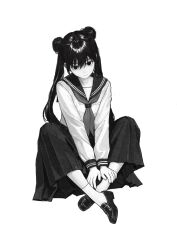 Rule 34 | 1girl, :|, absurdres, akiii kawa, closed mouth, commentary request, crossed ankles, double bun, full body, greyscale, hair bun, highres, indian style, loafers, long hair, long sleeves, looking at viewer, monochrome, original, pleated skirt, sailor collar, sailor shirt, school uniform, serafuku, shirt, shoes, simple background, sitting, skirt, socks, solo, twintails, very long hair, white background