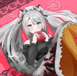absurdres animal_ears bad_tag black_sky braided_sidelocks cake cheek_rest cross-laced_clothes cross-laced_sleeves food frilled_straps fuzzy_clothes grey_nails grey_tail highres hinamori_anthea holding holding_saucer indie leopard_ears leopard_tail maid nata_(tool) red_pupils saucer sky snow_leopard_tail strawberry_shortcake tadanoinu_zuki tail teapot virtual wallpaper_(object)