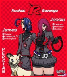 1boy 1girl alternate_color alternate_hairstyle belt black_legwear blue_hair breasts collar collarbone creatures_(company) earrings game_freak gen_1_pokemon glasses gloves goth_fashion hip_focus jacket james_(pokemon) jessie_(pokemon) jewelry legs long_hair nintendo open_clothes open_shirt persian poke_ball pokemon pokemon_(creature) red_hair shirt short_hair smile team_rocket whip