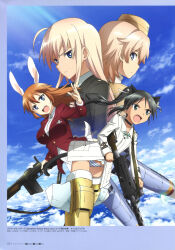 Rule 34 | absurdres, ahoge, animal ears, blonde hair, blue eyes, breasts, cat ears, cat tail, charlotte e. yeager, fang, flying, francesca lucchini, green eyes, green hair, gun, hanna-justina marseille, hat, highres, large breasts, long hair, military uniform, official art, open mouth, orange hair, panties, rabbit ears, rabbit tail, raisa pottgen, rifle, short hair, sky, strike witches, striker unit, striped clothes, striped panties, tail, twintails, underwear, weapon, world witches series