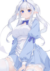 1girl absurdres apron blue_bow blue_eyes blue_skirt bow breasts cleavage commentary_request demon_girl demon_horns demon_tail frilled_apron frills grey_hair hashiko_nowoto highres horns long_hair long_sleeves medium_breasts original pleated_skirt pointy_ears puffy_long_sleeves puffy_sleeves shirt simple_background skirt solo tail thighhighs twintails very_long_hair white_apron white_background white_shirt white_thighhighs