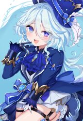 1girl :d absurdres ana_(vvvvor) ascot asymmetrical_gloves black_gloves blue_ascot blue_eyes blue_hair blue_hat blue_pupils furina_(genshin_impact) genshin_impact gloves hat heterochromia highres long_hair long_sleeves looking_at_viewer mismatched_gloves mismatched_pupils multicolored_hair open_mouth purple_eyes purple_pupils smile solo two-tone_hair white_gloves