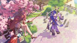 2girls absurdres animal_ear_piercing animal_ears back_bow bare_legs bare_shoulders bow braid branch bridal_gauntlets cherry_blossoms closed_mouth couple dango dappled_sunlight detached_sleeves engulfing_lightning_(genshin_impact) flower food fox_ears fox_girl friends from_above from_behind genshin_impact hair_flower hair_ornament hair_ribbon highres japanese_clothes kimono leaning_to_the_side long_braid long_hair long_sleeves looking_to_the_side looking_up low-tied_long_hair mitsudomoe_(shape) multiple_girls o0dyw0o outdoors pink_hair purple_eyes purple_flower purple_kimono purple_ribbon raiden_shogun red_sash ribbon sash shade shadow single_braid sitting standing sunlight thighhighs tomoe_(symbol) tree tree_shade wagashi wide_sleeves yae_miko yuri