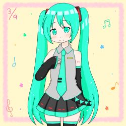 1girl 39 aqua_eyes aqua_hair artist_request bare_shoulders black_boots black_legwear black_skirt black_sleeves blue_eyes blue_hair blue_necktie blush boots collared_shirt detached_sleeves eighth_note female_focus floating_hair hair_ornament hatsune_miku highres long_hair long_sleeves looking_at_viewer maori musical_note necktie pleated_skirt ribbon shirt skirt sleeveless sleeveless_shirt smile solo tie_clip twintails very_long_hair vocaloid white_shirt wide_sleeves