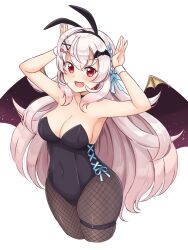 1girl absurdres animal_ears arms_up bat_hair_ornament black_choker black_wings braid breasts choker cleavage commentary covered_navel cropped_legs demon_wings fake_animal_ears fang fishnet_pantyhose fishnets gradient_hair grey_pantyhose hair_ornament hair_ribbon hairclip heart heart_hair_ornament highres indie_virtual_youtuber large_breasts leotard long_hair looking_at_viewer multicolored_hair open_mouth pantyhose pink_hair playboy_bunny rabbit_ears rabbit_pose red_eyes ribbon shiraha_maru side-tie_leotard simple_background smile solo standing strapless strapless_leotard thigh_strap urato_chieru white_background white_hair wings x_hair_ornament