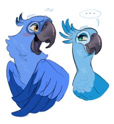 ... abbadooo2 beak bird blu_(rio) blue_bird blue_feathers blush brown_eyes feathers green_eyes highres jewel_(rio) looking_at_another macaw no_humans open_mouth parrot rio_(movie) speech_bubble