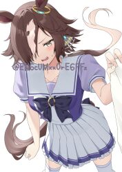 Rule 34 | 1girl, animal ears, black bow, bow, brown eyes, brown hair, collarbone, commentary, frilled skirt, frills, hair over one eye, hand up, highres, horse ears, horse girl, horse tail, long hair, multicolored hair, pleated skirt, puffy short sleeves, puffy sleeves, purple shirt, school uniform, shirt, short sleeves, simple background, skirt, solo, standing, tail, thighhighs, tracen school uniform, twitter username, two-tone hair, umamusume, very long hair, vodka (umamusume), white background, white hair, white skirt, white thighhighs, yamano rokamizu