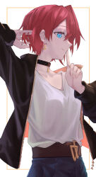 1girl ange_katrina ange_katrina_(5th_costume) belt black_choker black_jacket blue_eyes border breasts brown_belt choker closed_mouth collarbone earrings elmida finger_to_mouth gold_earrings hand_in_own_hair hands_up highres inset_border jacket jewelry long_sleeves looking_at_viewer looking_to_the_side nijisanji open_clothes open_jacket orange_border orange_jacket outside_border pendant_choker profile red_hair shirt shirt_tucked_in short_hair shushing simple_background single_hair_intake small_breasts smile solo triangle_earrings two-sided_fabric two-sided_jacket upper_body virtual_youtuber white_background white_shirt