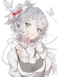 1girl blood_on_flower bob_cut bow bowtie bug butterfly commentary commentary_request eyelashes flower green_eyes grey_eyes hair_flower hair_ornament highres insect karo_(karohroka) lips looking_at_viewer messy_hair multicolored_eyes original parted_lips purple_eyes simple_background solo sparkle striped_bow white_background white_hair white_string white_theme