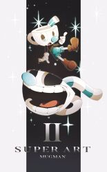 Rule 34 | 1boy, :o, ankle boots, aqua shorts, aya (ayamenora), black background, black shirt, boots, brown footwear, commentary request, cup, cuphead (game), drinking straw, fewer digits, full body, gloves, highres, long sleeves, looking to the side, male focus, mugman, object head, open mouth, outside border, pac-man eyes, pillarboxed, shirt, shorts, simple background, sparkle, tongue, white gloves