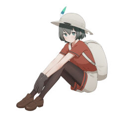 1girl backpack bag black_gloves black_hair black_pantyhose blue_eyes brown_shoes gloves grey_shorts hair_between_eyes hat_feather helmet highres kaban_(kemono_friends) kemono_friends loafers looking_at_viewer pantyhose pith_helmet red_shirt red_trim shirt shoes short_hair short_sleeves shorts sidelocks sitting solo t-shirt yamashiro_a370