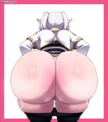 1girl absurdres ass ass_focus capelet clothes_pull curvy elf frieren from_behind highres huge_ass long_hair long_sleeves no_panties pantyhose pantyhose_pull pointy_ears solo sousou_no_frieren striped_clothes sweat thick_thighs thighs twintails white_hair wide_hips z-art