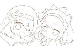 2girls alternate_costume alternate_hairstyle arm_up armpits hair_ribbon highres looking_at_viewer medium_hair monochrome multiple_girls nakoruru one_eye_closed open_mouth ribbon rimururu samurai_spirits siblings sisters sketch smile snk tongue twintails v wink