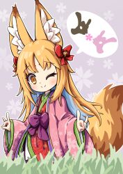 1girl absurdres animal_ears blonde_hair closed_mouth emil_chronicle_online fox_ears fox_shadow_puppet fox_tail frolyflow2 hair_ribbon highres japanese_clothes kimono loki_alma long_hair meadow one_eye_closed ribbon smile tail yellow_eyes