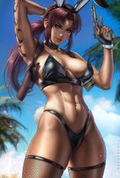 Rule 34 | 1girl, abs, absurdres, animal ear hairband, animal ears, arm behind head, arm tattoo, artist name, beretta 92, bikini, black bikini, black lagoon, blue sky, brown eyes, brown hair, dandon fuga, day, fake animal ears, fishnet thighhighs, fishnets, gun, hairband, handgun, highres, leotard, lips, navel piercing, outdoors, parted lips, piercing, playboy bunny, ponytail, rabbit ear hairband, rabbit ears, rabbit tail, revy (black lagoon), sky, swimsuit, tail, tattoo, thighhighs, trigger discipline, weapon