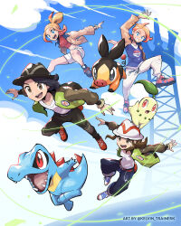 2boys 2girls :d arm_up bell-bottoms belt black_hair blonde_hair blue_eyes blue_shirt breasts brown_eyes brown_hair brown_jacket chikorita cloud crop_top cross-laced_shoes day eyelashes forehead gen_2_pokemon gen_5_pokemon gradient_hair green_jacket grey_eyes grin happy harmony_(pokemon) hat highres jacket kelvin-trainerk long_sleeves mismatched_eyebrows multicolored_hair multicolored_jacket multiple_boys multiple_girls nintendo open_clothes open_jacket open_mouth outdoors pants paxton_(pokemon) pink_eyebrows pink_hair pokemon pokemon_(creature) pokemon_legends:_z-a red_shirt red_shoes shirt shoes short_hair shorts sidelocks sky smile starter_pokemon_trio striped_hat taunie_(pokemon) teeth tepig tongue totodile turtleneck two-tone_hair two-tone_jacket upper_teeth_only urbain_(pokemon) white_hat white_shirt white_shorts