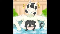 Rule 34 | 2girls, animal ears, animated, areola slip, artist name, bath, bathing, black hair, blurry, blurry background, breasts, cat ears, cat girl, cat tail, censored nipples, chipped tooth, closed eyes, convenient censoring, double bun, dungeon meshi, fence, garethue8, hair bun, hairdressing, height difference, horns, inutade, izutsumi, large breasts, mole, mole under eye, multiple girls, nude, oni, onsen, open mouth, orange eyes, partially submerged, short hair, smile, steam, steam censor, tail, teeth, video, water, wet, wet hair