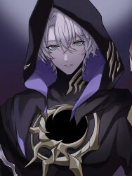 1boy black_cloak blue_eyes cloak commentary dark_persona flame_reaver_of_the_deepest_dark highres honkai:_star_rail honkai_(series) hood hood_up hooded_cloak hoshino_57 looking_at_viewer male_focus parted_bangs parted_lips phainon_(honkai:_star_rail) short_hair solo upper_body white_hair