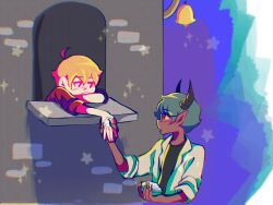Rule 34 | 2boys, a hero and a garden, ahoge, applying lotion, bell, black horns, blonde hair, blush, commentary, crabapplenr, cyrus (a hero and a garden), dark-skinned male, dark skin, english commentary, fingernails, glasses, green hair, highres, horns, jacket, looking at another, lotion, male focus, multiple boys, pointy ears, sharp fingernails, short hair, star (symbol), white jacket, yaoi, yen (a hero and a garden)
