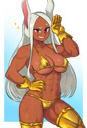 1girl abs absurdres animal_ears bikini blue_background boku_no_hero_academia border breasts cleavage collarbone crescent dark-skinned_female dark_skin dashi_(dashiart) female_focus gold_bikini gold_gloves gold_thighhighs gradient_background hand_on_own_hip hand_up highres large_breasts long_eyelashes long_hair looking_at_viewer mirko multi-strapped_bikini_bottom navel parted_bangs patreon_username rabbit_ears rabbit_girl rabbit_tail raised_eyebrow red_eyes smile solo sparkle stomach swimsuit tail thick_thighs thighhighs thighs toned toned_female underboob very_long_hair white_border