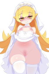 1girl aged_down blonde_hair blush braid breasts cleft_of_venus clothes_lift dress dress_lift female_focus kukuchi581 loli long_hair looking_at_viewer looking_down monogatari_(series) nipples nose oshino_shinobu pussy_juice simple_background skirt skirt_lift small_breasts smile solo_focus thighhighs uncensored white_background white_thighhighs yellow_eyes