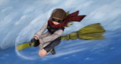 1girl apron black_dress black_gloves blonde_hair bow broom broom_riding cloud day dress female_focus from_above gloves goggles hair_bow helmet highres kirisame_marisa long_hair long_sleeves looking_down ocean radifus scarf shockwave sky solo sonic_boom_(speed) touhou