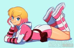 1girl absurdres ass blonde_hair blue_background blue_eyes bodysuit breasts full_body gradient_hair gwenpool highres large_breasts looking_at_viewer lying marvel multicolored_hair on_stomach pink_bodysuit pink_hair short_hair simple_background smgold smile solo white_bodysuit