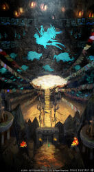 Rule 34 | arena, artist request, bridge, cave, cave paintings, company name, copyright name, copyright notice, final fantasy, final fantasy xiv, fire, from above, gate, highres, no humans, official art, pillar, polearm, rock, scenery, spear, weapon