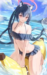 1girl absurdres animal_ear_fluff animal_ears banana black_hair blue_archive food fruit hair_ribbon halo highres looking_at_viewer navel off_shoulder pharmarr red_eyes ribbon serika_(blue_archive) serika_(swimsuit)_(blue_archive) smile twintails