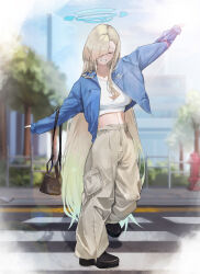 1girl absurdres alternate_costume asuna_(blue_archive) bag black_shoes blonde_hair blue_archive blue_jacket blue_sky breasts brown_pants commentary_request crop_top ggz_(gguzal_95) handbag highres jacket large_breasts long_hair midriff navel outdoors pants road shoes sky smile solo street sunlight tree very_long_hair