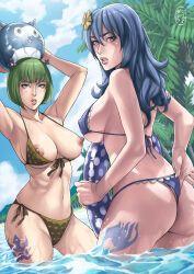2girls adjusting_clothes adjusting_swimsuit arms_up ass ball beach beachball bikini blue_bikini blue_eyes blue_hair blue_innertube blue_sky bob_cut brandish_mew breasts brown_bikini cloud cross_hair_ornament dakushido day facing_away fairy_tail flower green_eyes green_hair grey_hair hair_flower hair_ornament highres holding holding_ball holding_beachball innertube juvia_lockser large_breasts leg_tattoo long_hair looking_at_viewer looking_back medium_hair multiple_girls nipple_slip nipples outdoors palm_tree parted_lips partially_submerged short_hair side-tie_bikini_bottom sky swim_ring swimsuit tattoo tree water yellow_flower