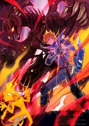 2boys blonde_hair character_request dragon duel_disk duel_monster fire glowing glowing_eyes izapara jack_atlas jacket multiple_boys purple_eyes red_dragon_archfiend red_eyes standing white_jacket yu-gi-oh! yu-gi-oh!_5d&#039;s
