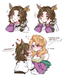 2girls ;) ;o ^_^ animal_ears bare_shoulders blonde_hair blonney blush breasts brown_hair cleavage closed_eyes collared_shirt cropped_torso deer_ears deer_girl drunk ear_tag earrings english_text face-to-face green_eyes grey_sports_bra haihaiera hair_over_shoulder hand_on_another&#039;s_cheek hand_on_another&#039;s_face hands_on_another&#039;s_cheeks hands_on_another&#039;s_face heart jacket jessica_(reverse:1999) jewelry long_hair looking_at_another medium_hair multiple_girls multiple_views off_shoulder one_eye_closed open_mouth purple_eyes purple_jacket reverse:1999 shirt smile speech_bubble sports_bra squeans thought_bubble upper_body white_background white_shirt yuri