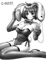 animal_ears boots cellphone fake_animal_ears gloves greyscale iphone maguta monochrome phone playboy_bunny rabbit_ears short_hair smartphone thighhighs